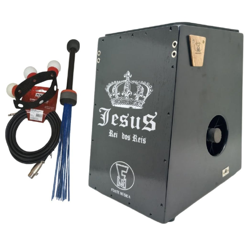 Cajon 2 Bumbos Eletro Acústico Jesus Rei dos Reis Preto