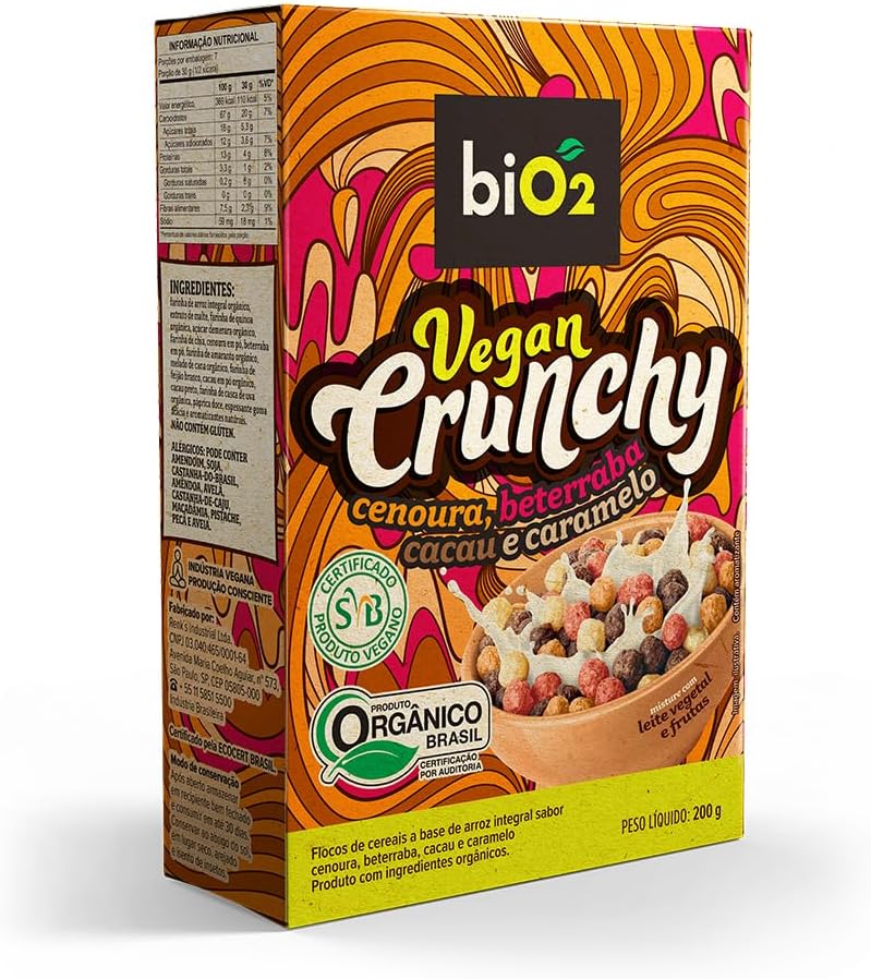 Cereal Matinal Orgânico Vegano biO2 Sem Glúten Cenoura, Beterraba, Cacau e Caramelo Vegan Crunchy 200g