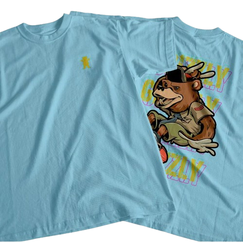 CAMISETA GRIZZLY URSO SKATE - Azul Bebê/Laranja/Rosa