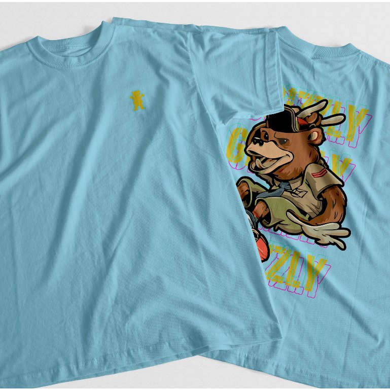 CAMISETA GRIZZLY URSO SKATE - Azul Bebê/Laranja/Rosa