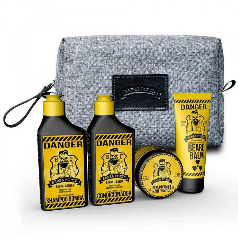 Kit Barba Danger Barba Forte Necessaire Viagem - Shampoo + Cond + Balm de Barba + Pomada Cabelo