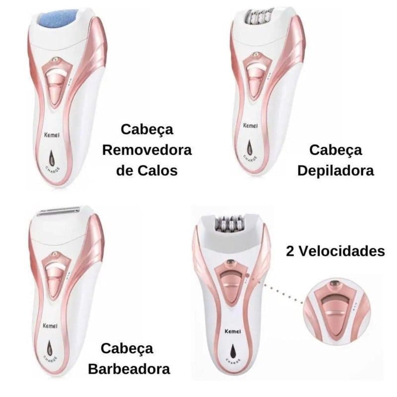 Depilador Elétrico Kemei KM-3010 Recarregável 3 em 1 Bivolt Com Lixador de pés e Aparador de pelos