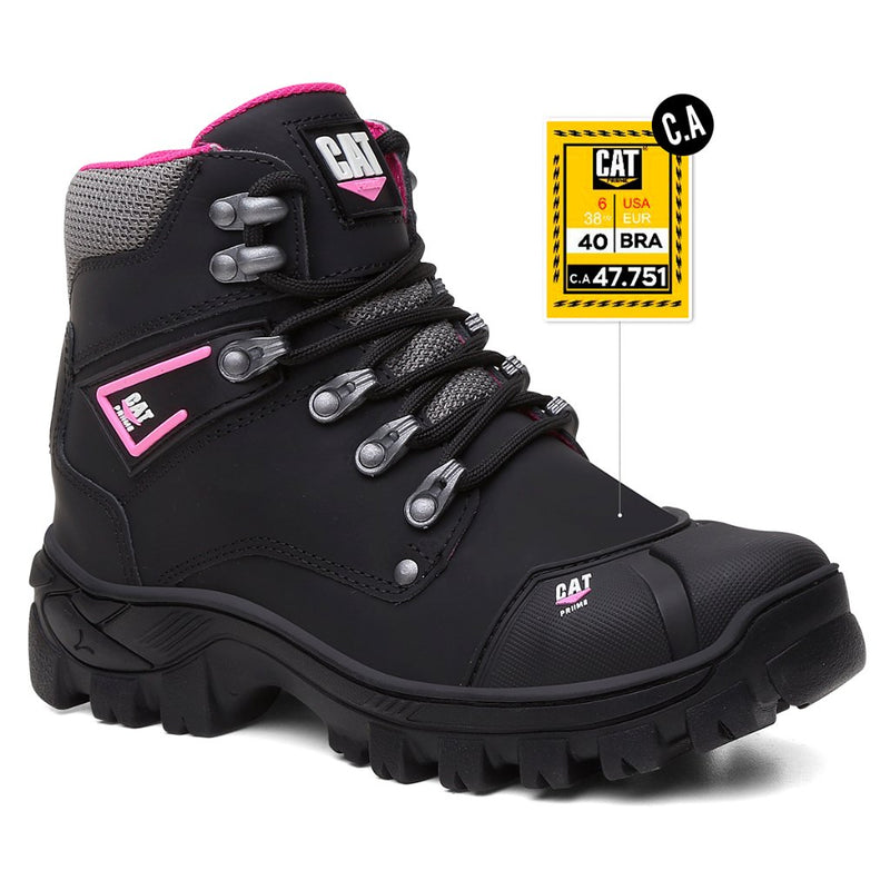 Bota Caterpillar Feminina Couro Legitimo Preto Rosa