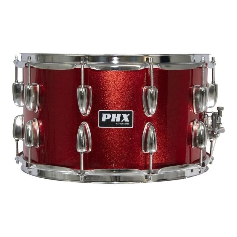 Caixa Bateria Phx 14x8 Madeira Cromado Pele Cristal Vermelho