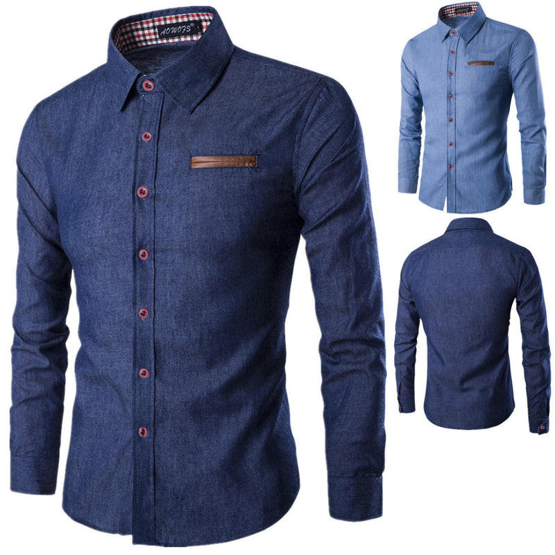 Camisa Jeans Casual Slim Manga Longa Azul Escuro