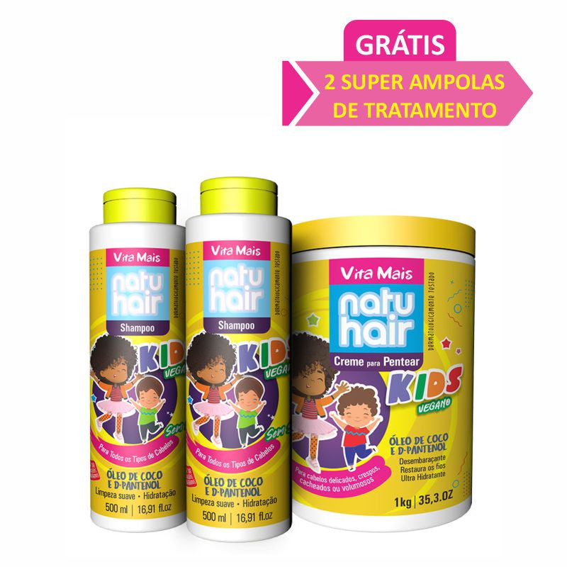 Kit Kids Vegano Vita Mais NatuHair Shampoo + Condicionador + Creme Para Pentear + Ampolas