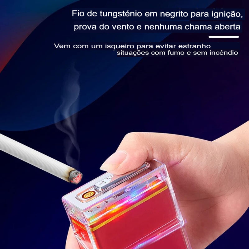 2 EM 1 CASE DE CIGARRO + ISQUEIRO - TRANSPARENTE LED LANTERNA USB