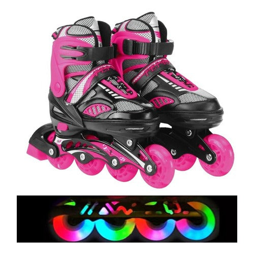 Patins Roller New Inline - Abec 7 + Rodinhas Led - Rosa