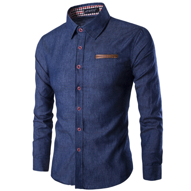 Camisa Jeans Casual Slim Manga Longa Azul Escuro