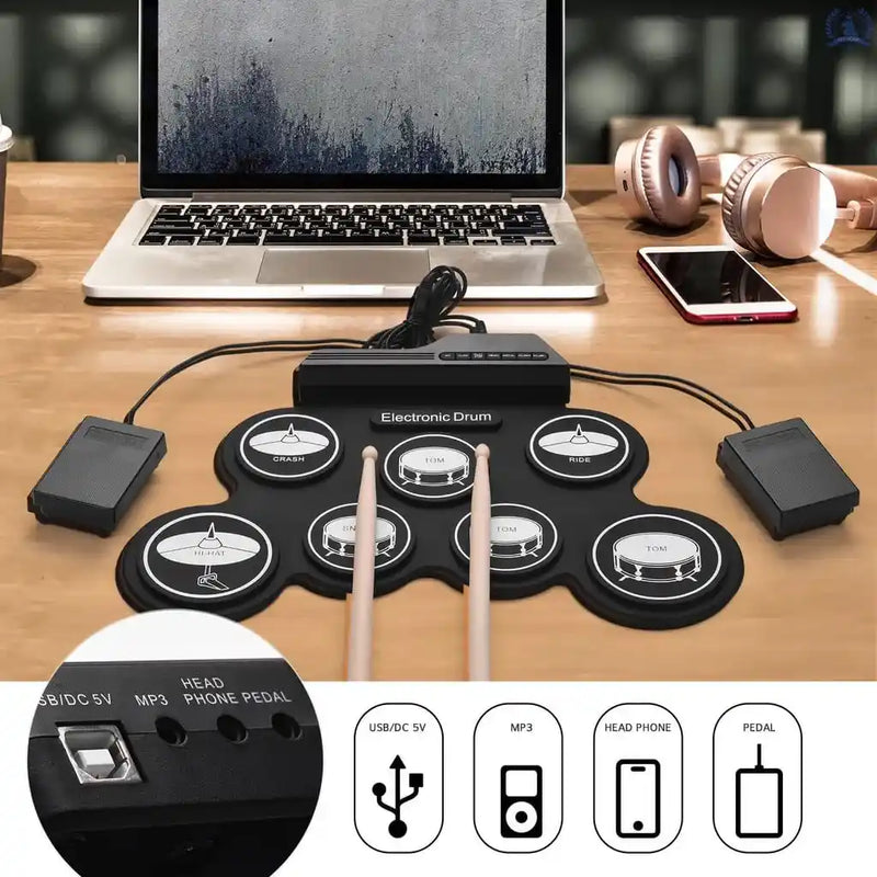 Bateria Eletrônica Usb Com 7 Pedais Para Iniciantes / Crianças