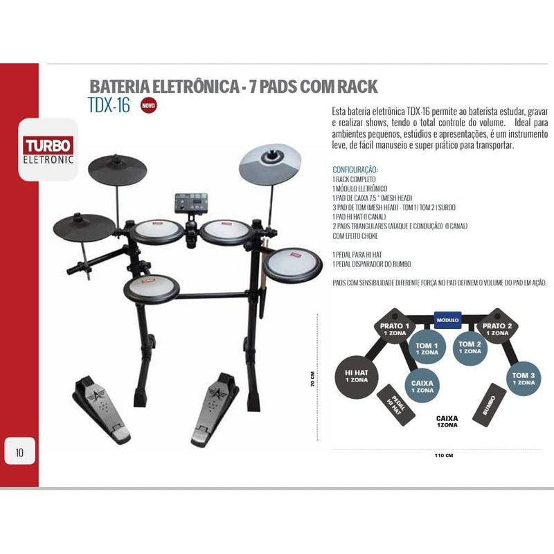 Bateria Eletrônica Turbo 7 Pad Tdx16 + Banco + Fone