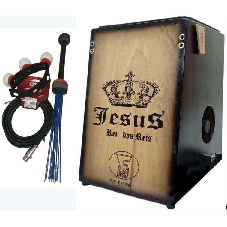 Cajon 2 Bumbos Eletro Acústico Jesus Rei dos Reis Madeira