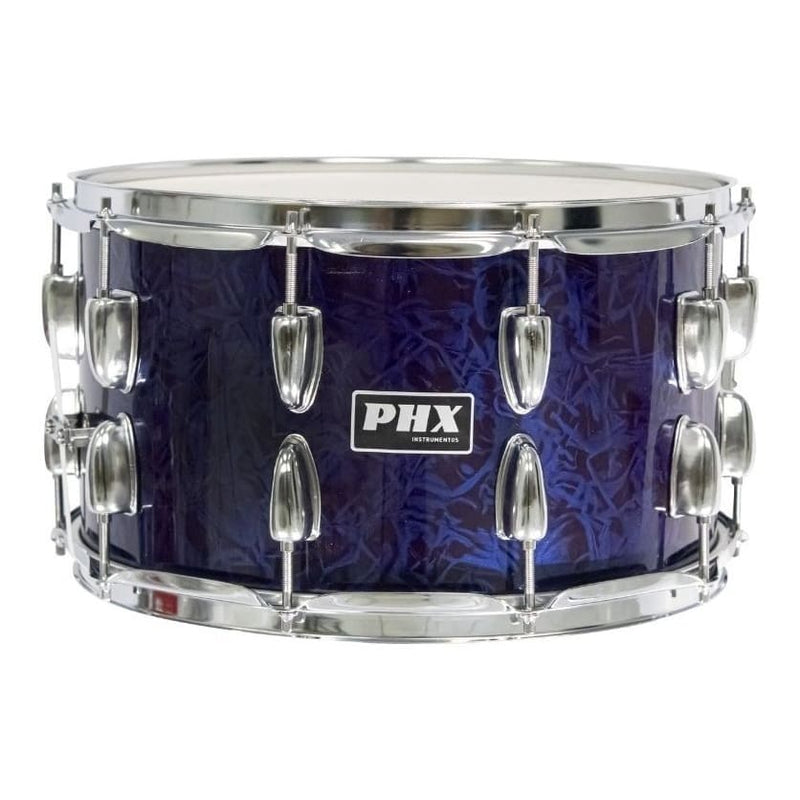 Caixa Bateria Phx 14x8 Madeira Cromado Pele Cristal Azul Rajado