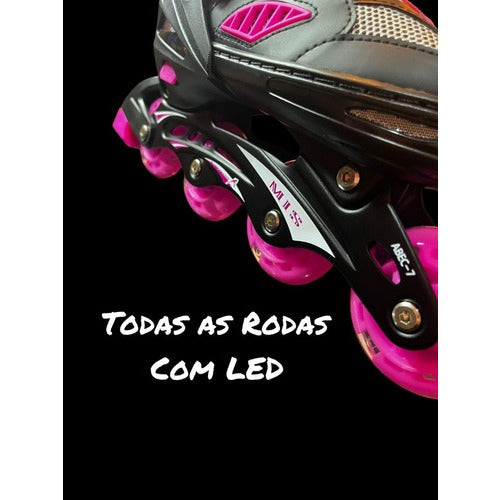 Patins Roller New Inline - Abec 7 + Rodinhas Led - Rosa