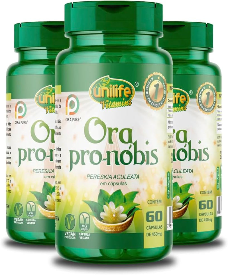 Kit 3x Ora Pro-nóbis Pereskia Aculeata Unilife 60cápsulas