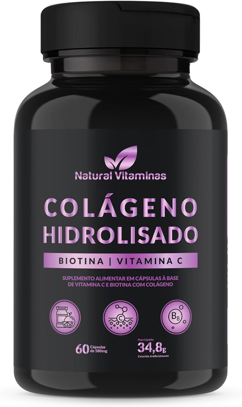 Colágeno Hidrolisado com Biotina e Vitamina C - Suporte para Ossos, Cabelo, Pele e Unhas Saudáveis Pote 60 Cápsula de 580mg