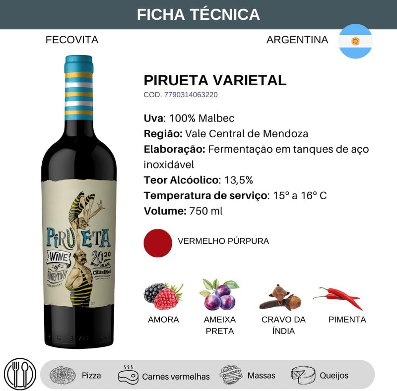 Vinho Fino Tinto Argentino Pirueta Varietal Malbec 750ml