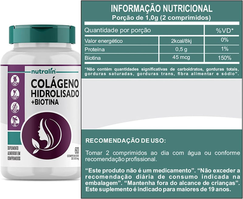 LEVE 2 PAGUE 1 Colágeno Hidrolisado 500mg Cabelo Pele Unha 60Cap Nutralin