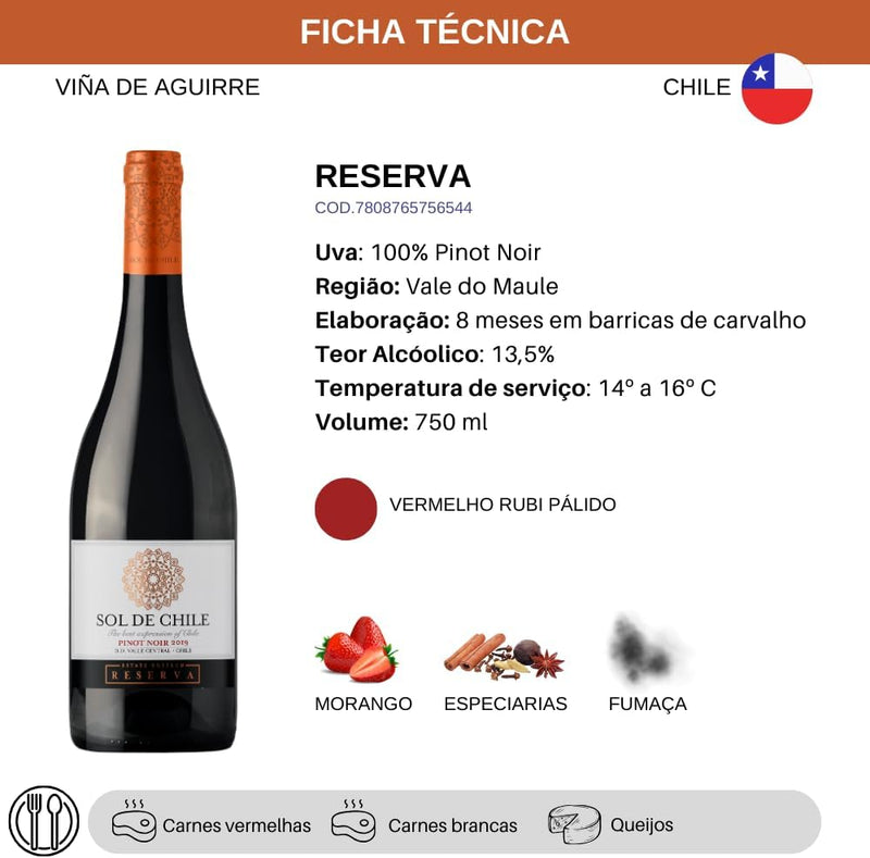 Vinho Fino Tinto Chileno Sol de Chile Reserva Pinot Noir 750ml