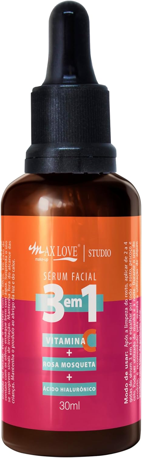 Serum Facial 3 em 1 Vitamina + C Rosa Mosqueta + Ácido Hialurônico Pele Hidratada Macia e Iluminada 30ml