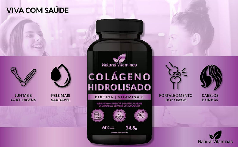 Colágeno Hidrolisado com Biotina e Vitamina C - Suporte para Ossos, Cabelo, Pele e Unhas Saudáveis Pote 60 Cápsula de 580mg