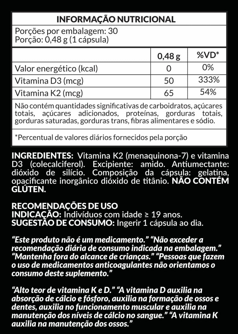 Vitamina D3 200UI + Vitaminas K2 65mcg (MK-7) Pote 30 Cápsulas de 480mg