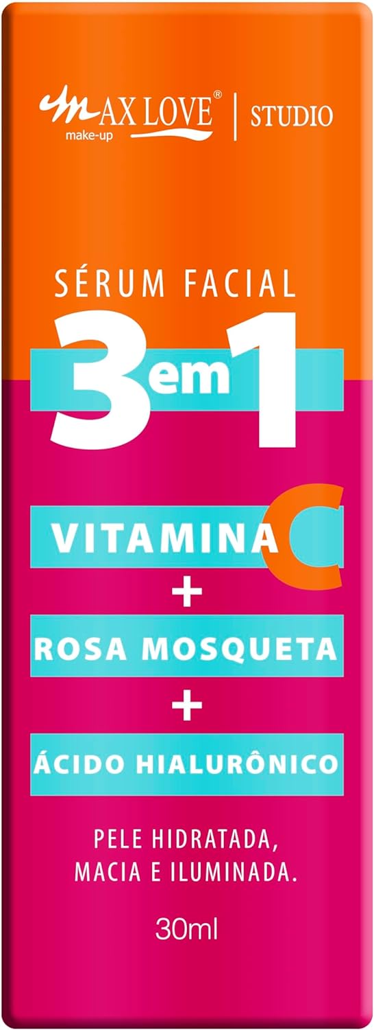 Serum Facial 3 em 1 Vitamina + C Rosa Mosqueta + Ácido Hialurônico Pele Hidratada Macia e Iluminada 30ml