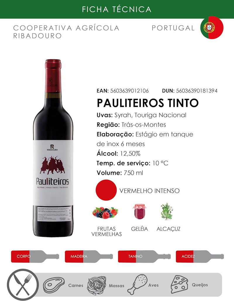 Vinho Português Pauliteiros Ribadouro 750Ml Tinto Seco