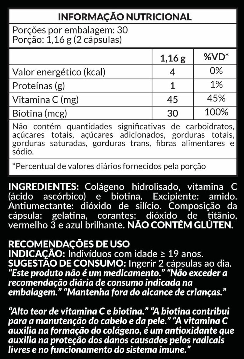 Colágeno Hidrolisado com Biotina e Vitamina C - Suporte para Ossos, Cabelo, Pele e Unhas Saudáveis Pote 60 Cápsula de 580mg