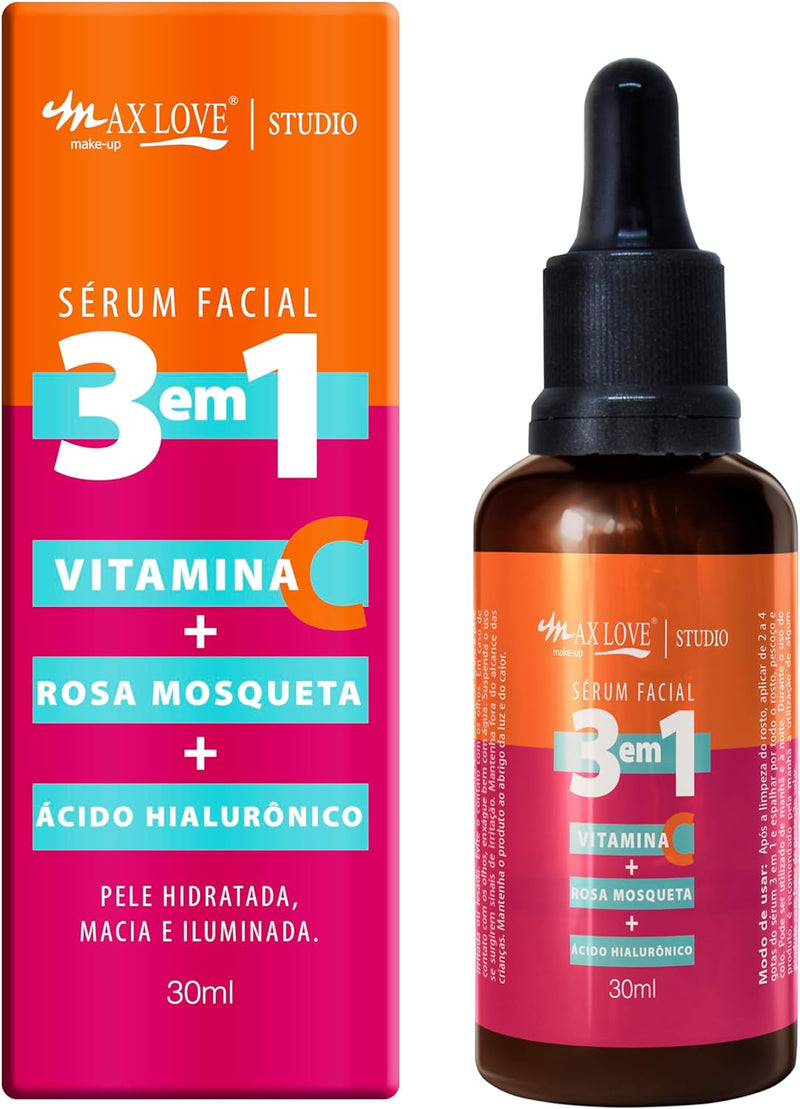 Serum Facial 3 em 1 Vitamina + C Rosa Mosqueta + Ácido Hialurônico Pele Hidratada Macia e Iluminada 30ml