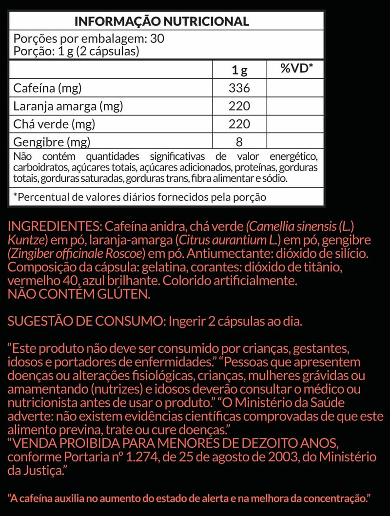 Termogenico a base de Cha Verde, Gengibre, Laranja Amarga e Cafeína. Pote 60 Cápsula de 500mg