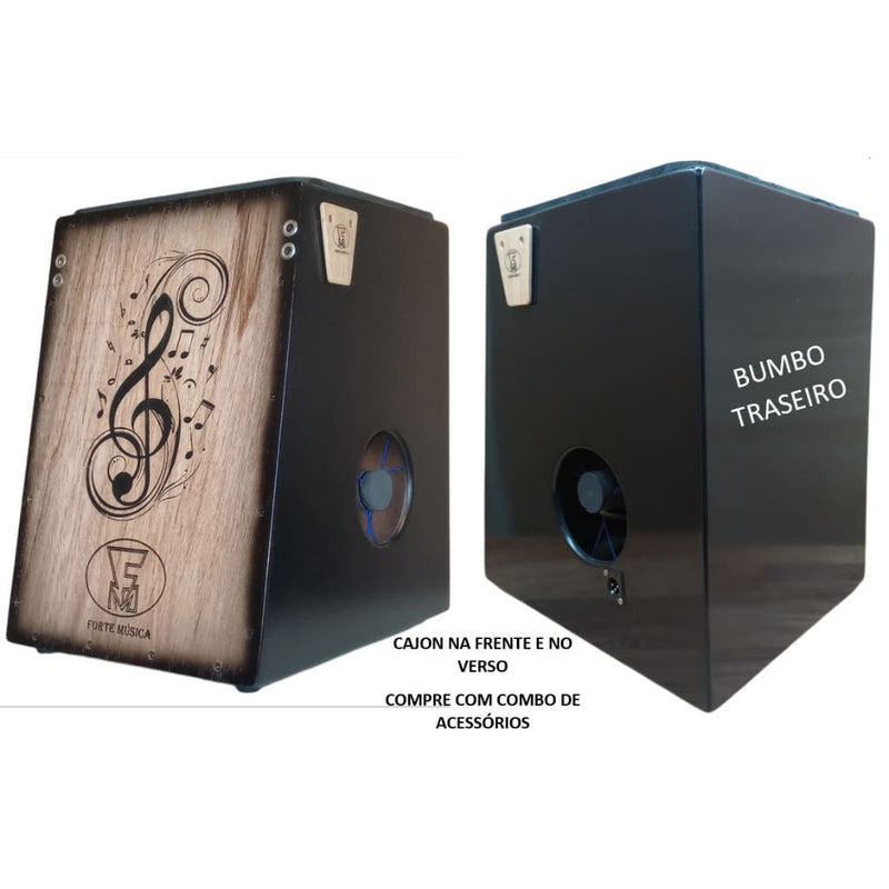 Cajon 2 Bumbos Eletro Acústico Madeira Notas Pretas