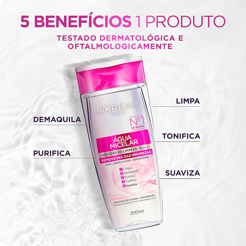 Água Micelar 5 Em 1 200ml Demaquila, Limpa, Purifica, Suaviza, Elimina Impurezas e Reequilibra a Pele