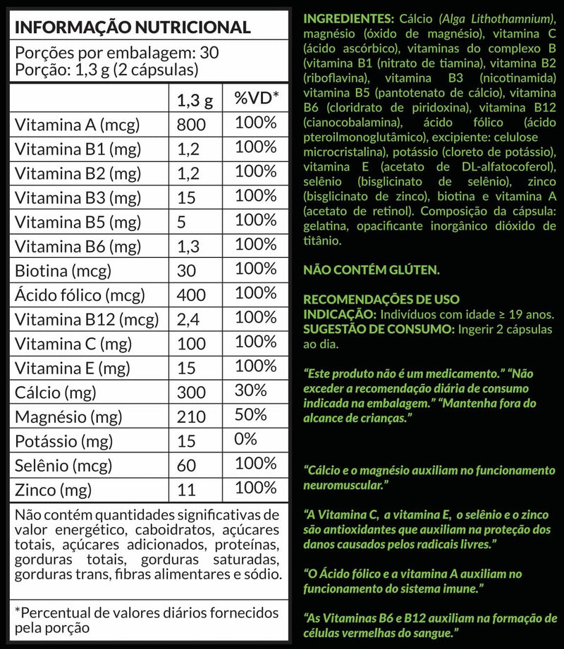 Complexo B, Biotina, Magnésio, Cálcio, Zinco e mais Vitaminas - Pote  60 Cápsulas de 650mg