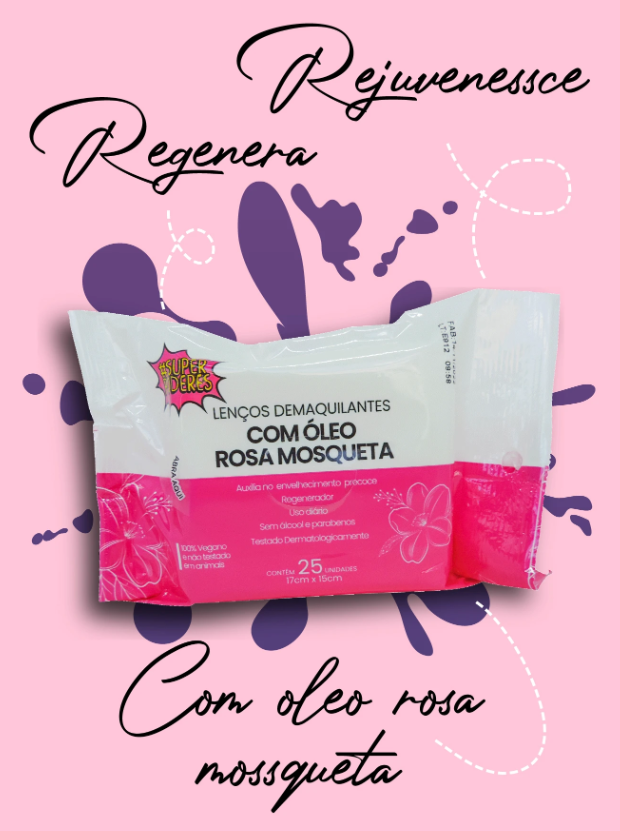 Lenço Demaquilante Limpeza Facial Super Poderes Pacote com 25 Folhas Rosa Mosqueta