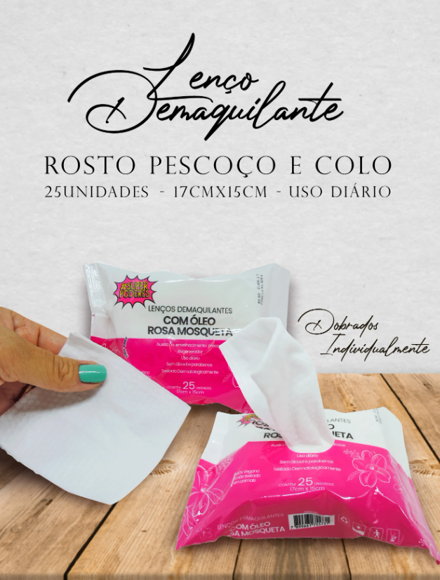 Lenço Demaquilante Limpeza Facial Super Poderes Pacote com 25 Folhas Rosa Mosqueta